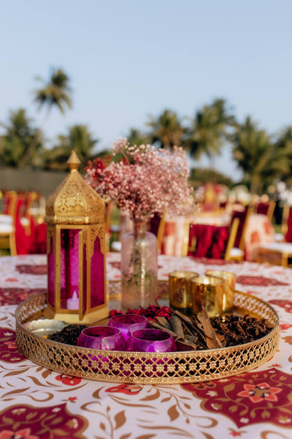 Tablescape and Floral detail — Mehendi decor — ITC Grand Goa
